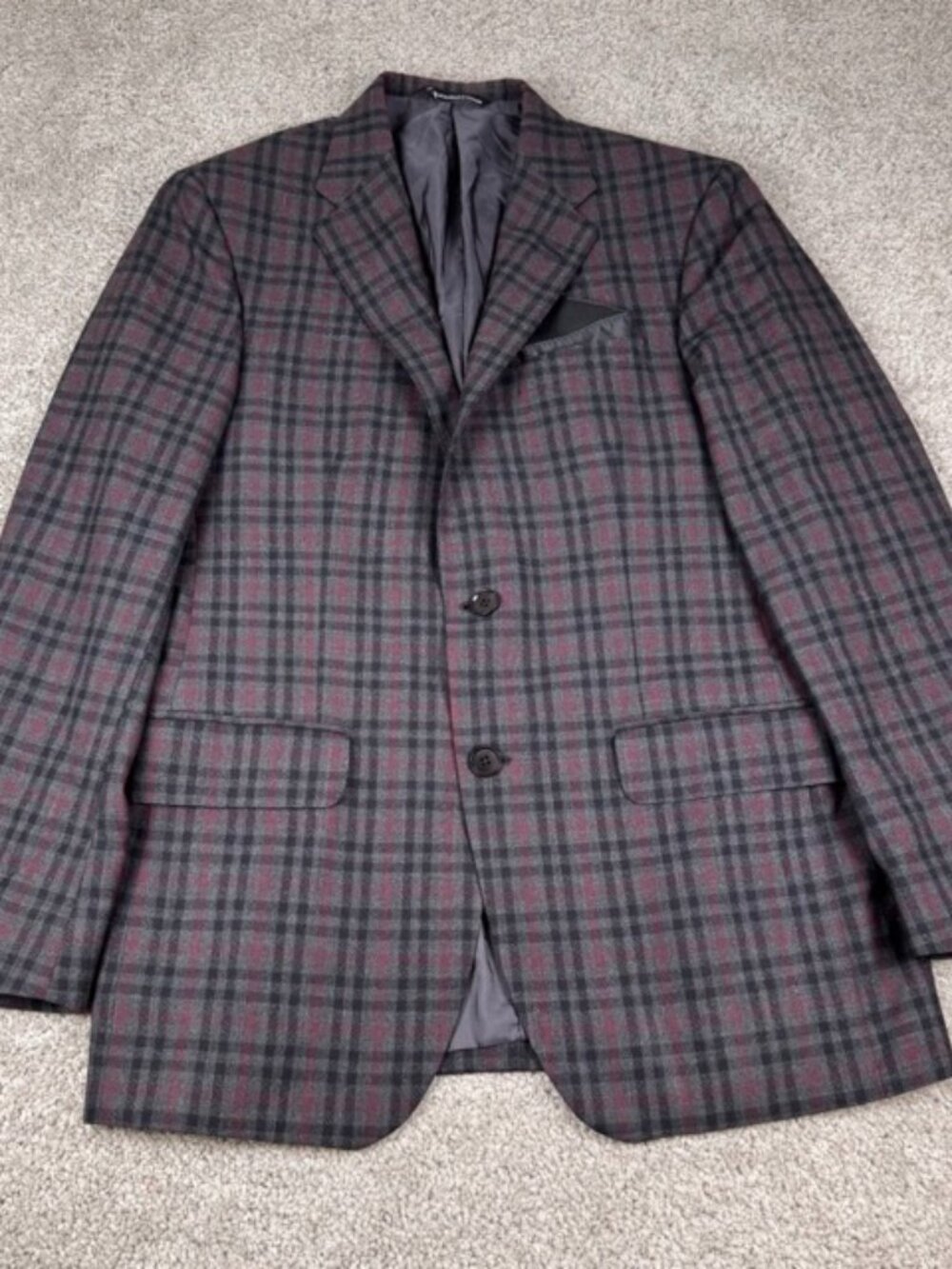 Coppley Biella 2112 Grey Maroon Plaid Sport Coat Blazer Canada Size 36R Wool